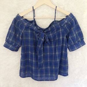 {Paper Crane} Off The Shoulder Plaid Bow Top